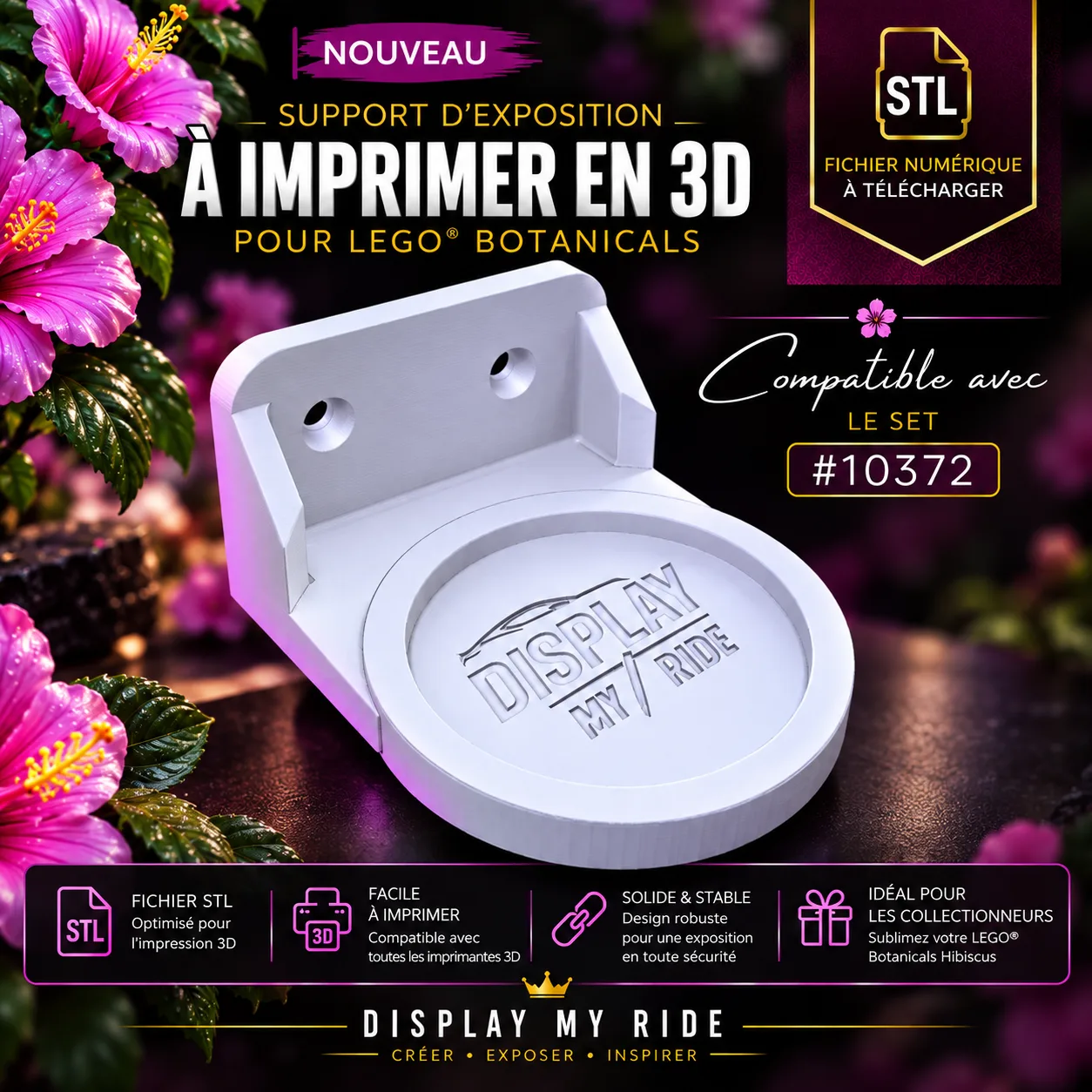 Support mural Hibiscus – Fichier STL compatible avec le set #10372