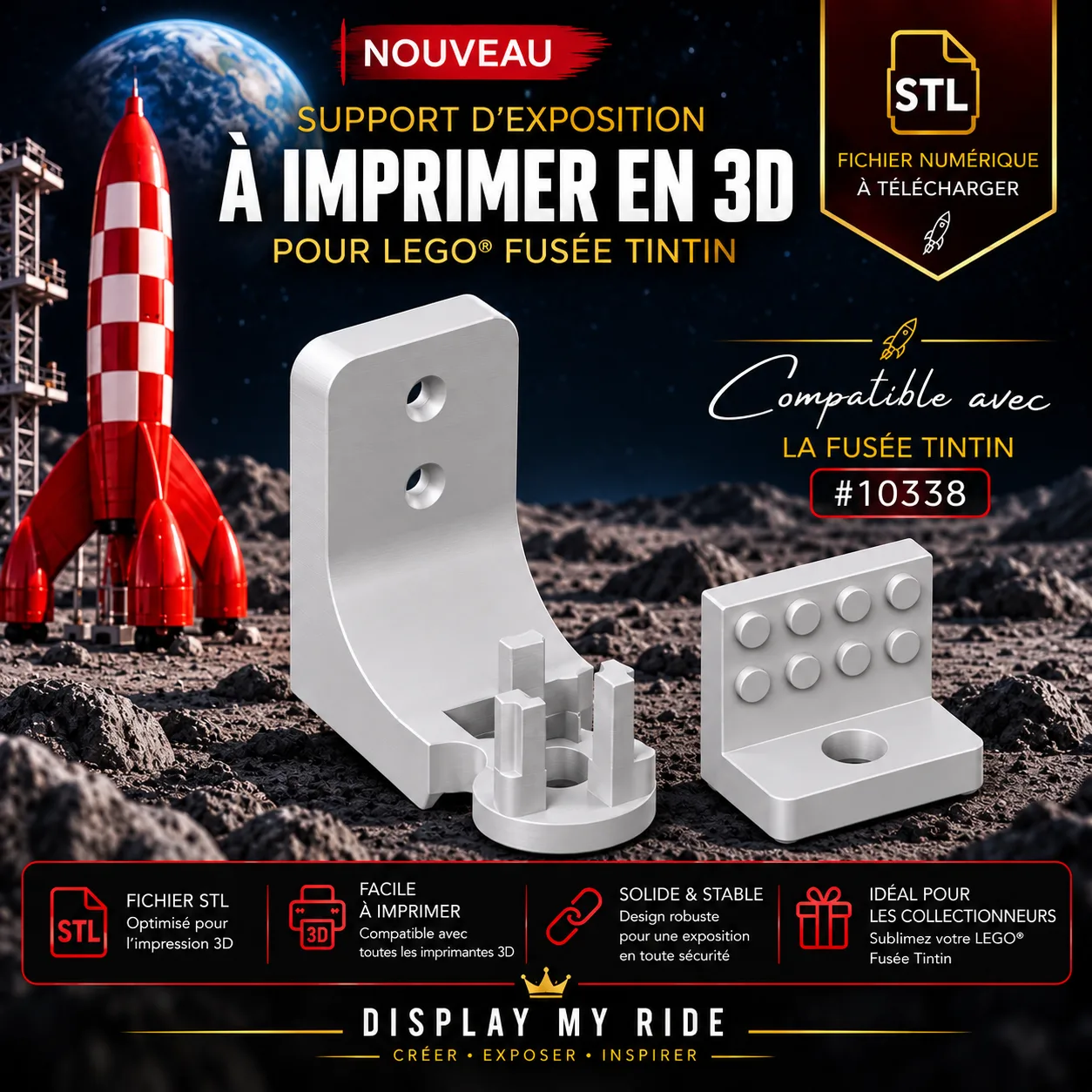 Tintin Moon Rocket Wall Display Support – STL & 3MF Files
